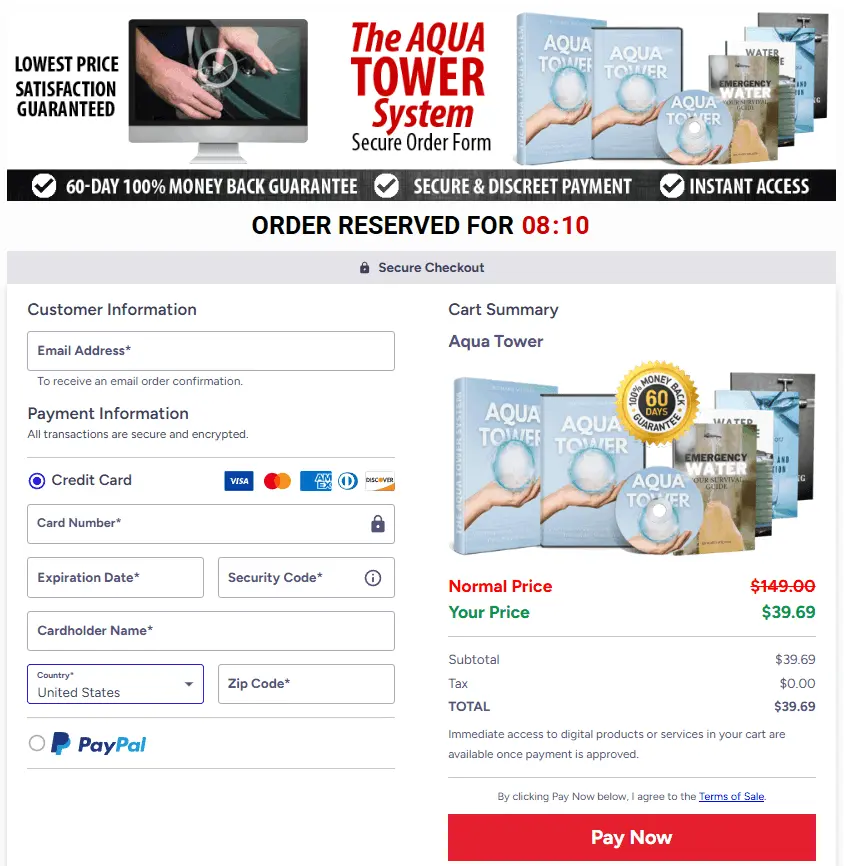 Aqua Tower secure checkout and order page